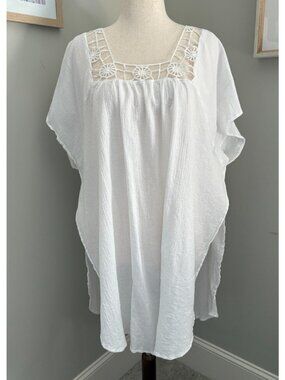 White Gauze Beach Cover Up Tunic Women's 1X Boho Crochet Swim Cover